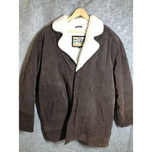 Atlantic Beach Coat Mens Large Brown Suede Leather Sherpa Lined Button Front